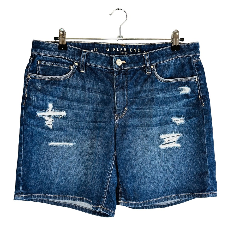 WHBM Sz 12 The Girlfriend Short Jean Shorts Blue Pocket Distressed Pockets